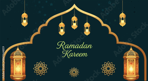 Ramadan Kareem Islamic banner with golden lanterns, mosque arch frame and glowing light decoration