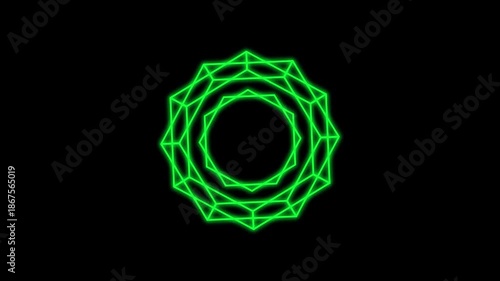 Green geometric star neon light with rotation loop animation on black background