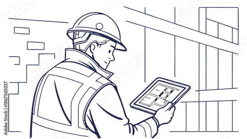 Construction Worker Using Tablet for Digital Blueprints on Site Vector Illustration, Vector illustration of a male construction worker wearing a hard hat and safety vest, looking down at a tablet 