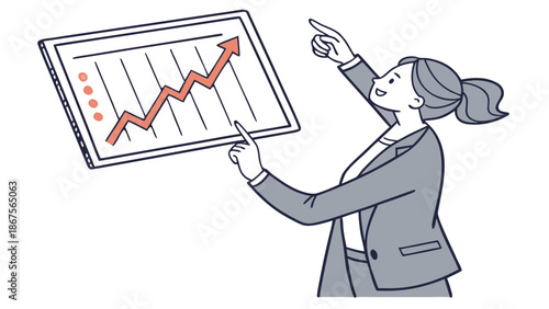 Smiling Businesswoman Pointing at Positive Growth Graph Screen Vector Illustration, A smiling businesswoman in a suit pointing with one hand towards a screen displaying a rising financial graph,