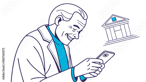 Senior Man Using Smartphone for Mobile Banking Application Vector Illustration, a smiling senior man in a suit looking at his smartphone, actively using a mobile banking application, indicated 