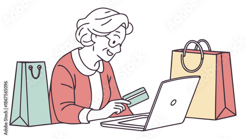 Senior Woman Shopping Online with Credit Card on Laptop Vector Illustration, Vector illustration of a smiling senior woman with glasses sitting at a desk, holding a credit card and making an online