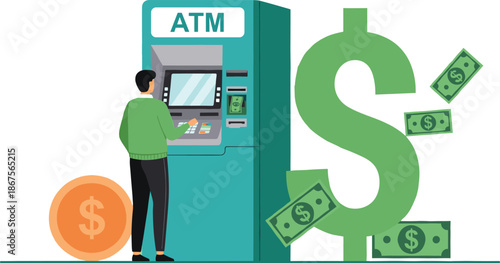 ATM cash withdrawal illustration, person using automated teller machine with dollar symbol and banknotes