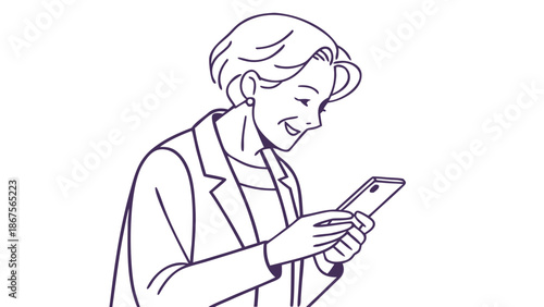 Smiling senior woman using smartphone communication outline illustration, An outline illustration in purple ink of a smiling senior woman holding and looking down at a smartphone.