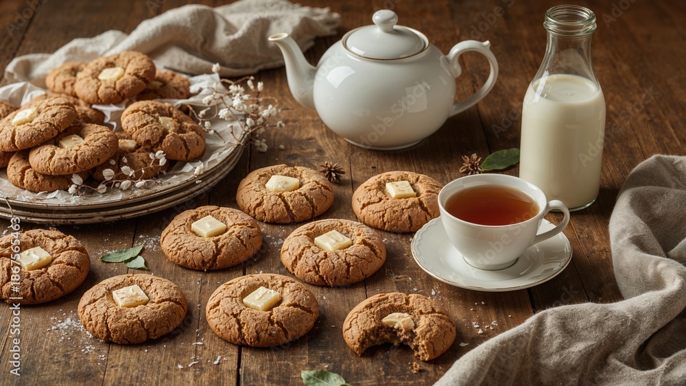 Fototapeta premium Plate of cookies with a teapot, cup of tea, and a bottle of milk on a wooden table for breakfast or snack.
