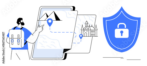 Person with backpack navigating landmarks on a digital map with location pins and a security shield. Ideal for travel apps, navigation, data protection, cybersecurity, tourism, secure planning