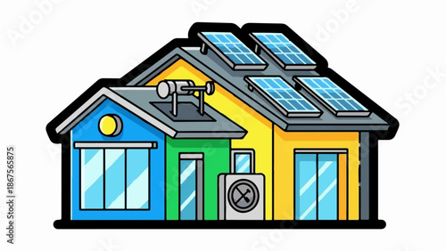 A colorful cartoon house with solar panels and a weather vane