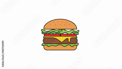 A colorful cartoon hamburger with a bun, lettuce, cheese, and a patty