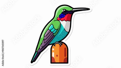 A colorful cartoon hummingbird with green, blue, and red plumage, perched atop an orange object