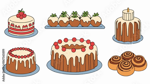 A collection of decorated cakes and pastries, including bundt cakes, layered cakes, and cinnamon rolls
