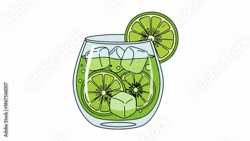 A clear glass filled with a bright green beverage, ice cubes, and lime slices