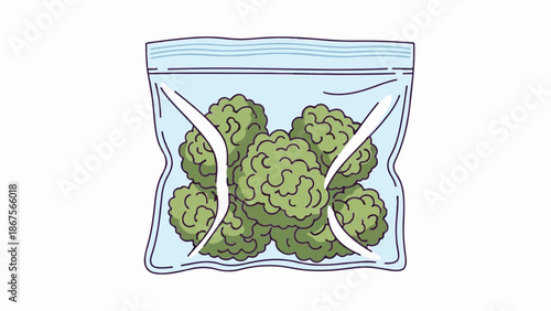 A clear plastic bag filled with green, fluffy buds, sealed at the top