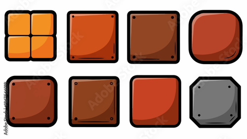 A collection of eight square and octagonal blocks in various shades of brown and gray, some with rounded corners and bolt details