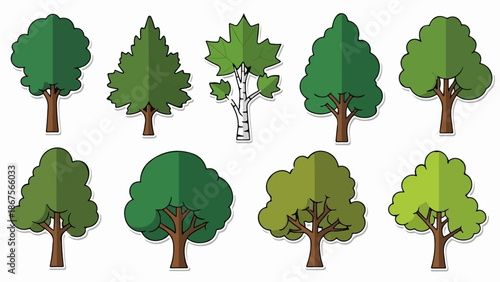 A collection of eight stylized trees, each with a brown trunk and green foliage