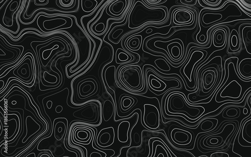 Elegantly contrasting topographic lines in white against a deep black backdrop, highlighting geographical contours for educational or artistic