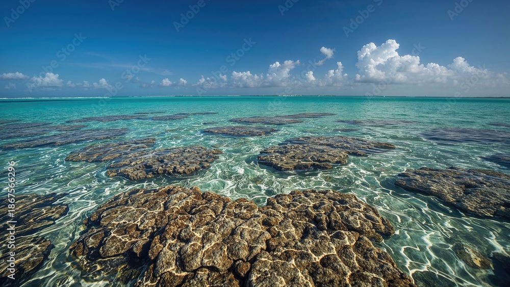 Naklejka premium Rock formations in clear turquoise ocean water under a partly cloudy sky.