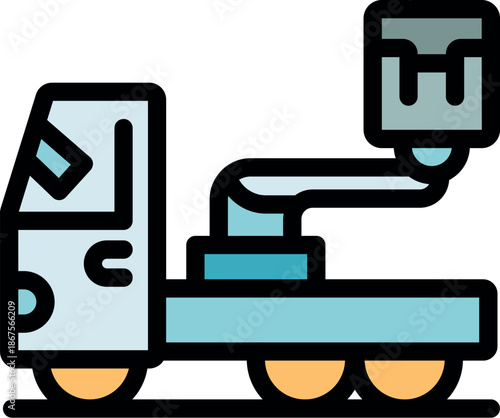 Small manipulator truck lifting heavy concrete block, working at construction site