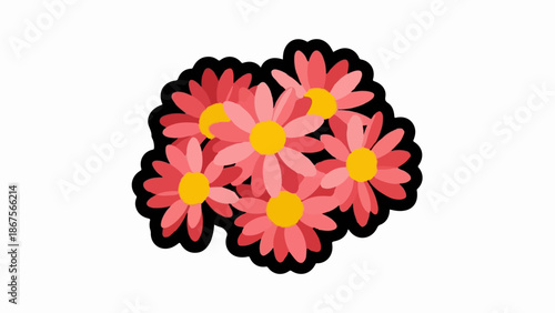 A cluster of pink daisies with yellow centers on a white background
