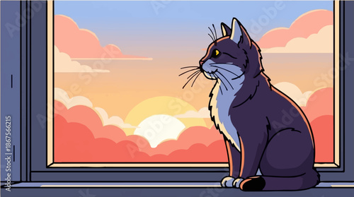 A cat sits on a windowsill, gazing at a colorful sunset with vibrant clouds