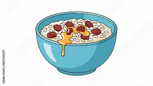 A close-up illustration of a blue bowl filled with oatmeal, raisins, and a drizzle of honey