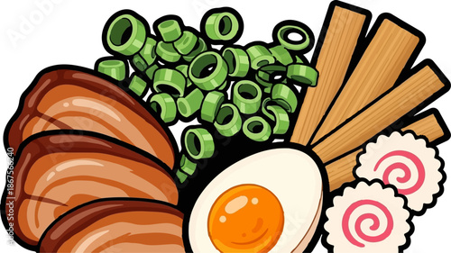 A close-up illustration of a bowl of ramen with sliced pork, green onions, and egg