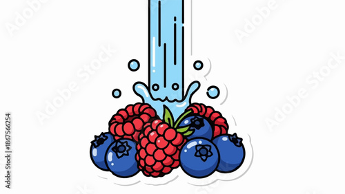 A cascade of blue water splashes onto ripe raspberries and blueberries