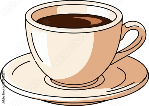 A close-up illustration of a coffee cup and saucer, filled with dark liquid
