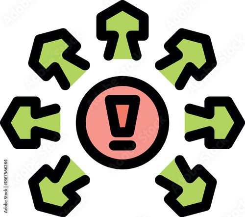 Green arrows converging on a central exclamation mark symbolize problem solving, decision making, and finding solutions in challenging situations