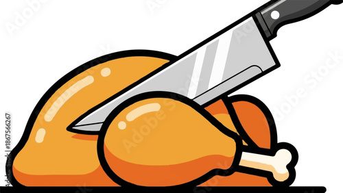A cartoon-style whole cooked chicken with a large knife cutting into it on a white background