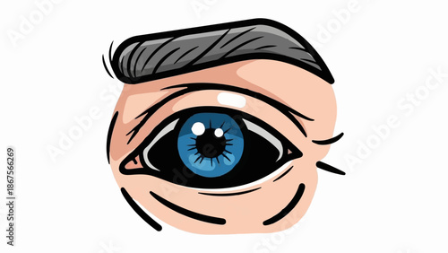 A close-up illustration of a bright blue eye with dark lashes and a brow