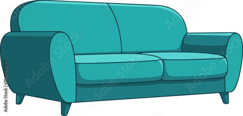 A cartoon-style, two-seater teal couch with rounded arms and a clean, modern aesthetic