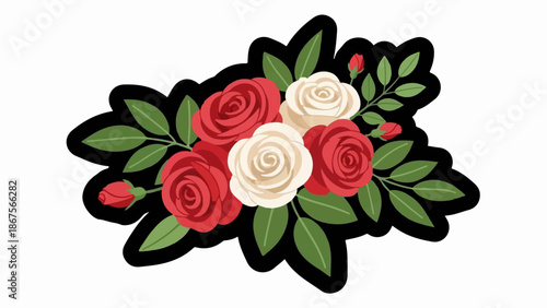 A cluster of red and cream roses with green leaves and buds