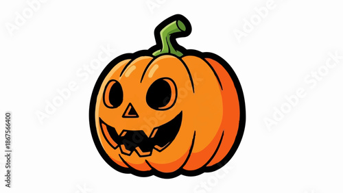 A cheerful carved pumpkin with a jagged smile and triangle nose on white