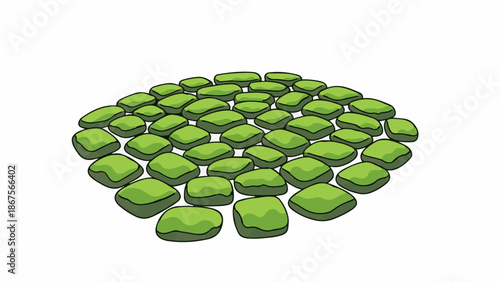 A cluster of rounded, green shapes arranged in a dense, circular pattern