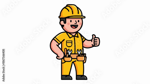 A cheerful construction worker in yellow overalls and a hard hat gives a thumbs up, tools on his belt