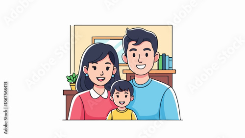 A cheerful family portrait in a cozy indoor setting, featuring parents and a child