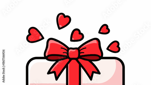 A cheerful gift box topped with a vibrant red bow and surrounded by floating red hearts