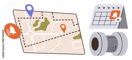 Travel planning, scheduling, navigation systems, organization, reminders, notifications. A map with location markers, reminder calendar bell notification and spinning reel. Travel planning