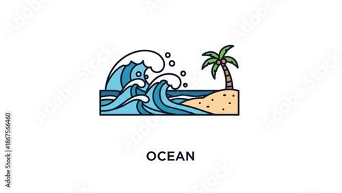 Vibrant stylized ocean waves crashing onto a sandy tropical beach with a solitary palm tree, an inviting graphic depicting summer vacations and coastal landscapes