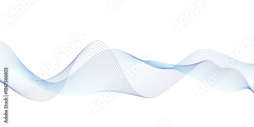 Minimal abstract white background with flowing thin blue wave lines creating smooth motion, fluid rhythm, and an elegant modern technology sound frequency vector pattern