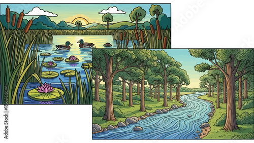 Serene Wetland and Forested River Scenes Illustrating Nature's Beauty