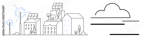 Solar-paneled buildings, wind turbines, and greenery symbolize renewable energy, urban sustainability, and eco-conscious living. Ideal for energy, ecology, environment, conservation sustainability