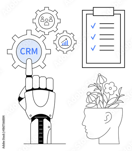 Robotic hand activating CRM in gears, checklist with tasks, analytics, and blooming brain symbolizing innovation. Ideal for technology, productivity, growth, creativity, data automation business