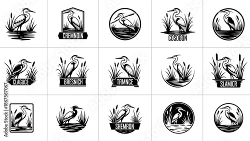 Collection of Elegant Heron and Crane Bird Logo Designs in Wetland Nature Scenes, Black and White Vector Illustrations for Brand Identity and Wildlife Themes