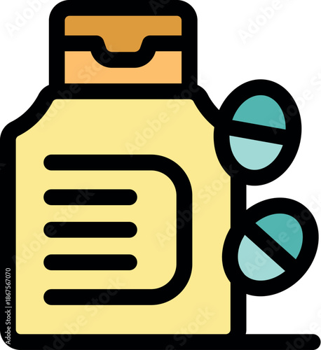 Two pills spilling out of an open medicine bottle represent healthcare, treatment, and medication