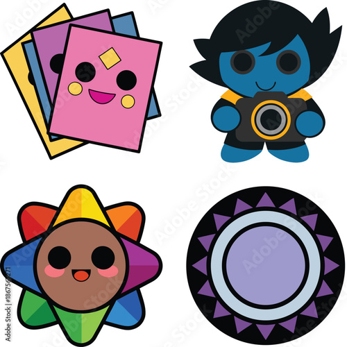 WebCute Photography and Creative Media Icon Set Featuring Smiling Photo Print Stack Illustration, Cartoon Photographer Character Holding Camera, Colorful Flower Shutter Mascot, and Decorative Camera L