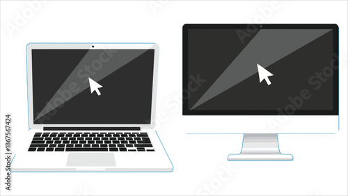 Flat laptop and desktop computer with mouse cursor icon.eps