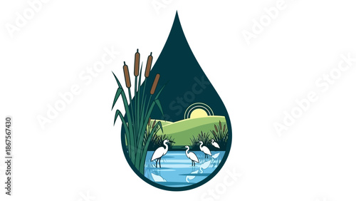 Water drop shaped landscape with reeds, birds, and a sun setting over rolling hills