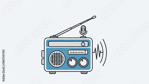 Vintage blue radio with microphone on top and sound waves emitting from the side in a simple line drawing