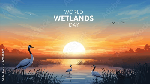 Beautiful vector illustration of a tranquil wetland ecosystem at dawn with migrating birds, showcasing natural harmony
